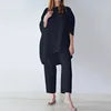 S-4XL Summer Plus Size Women Cotton Loose Elegant Short Sleeve Trousers Two-piece Set Solid Color Breathable Women Casual Suits