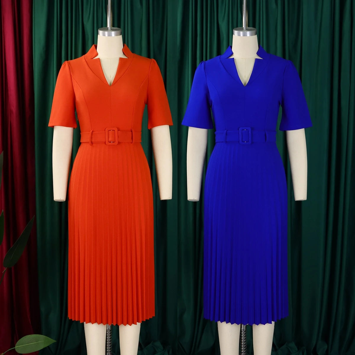 D563 Latest Design Summer Dresses Women Casual Short Sleeve V-neck Pleated Office Lady Dress Elegant African Dresses