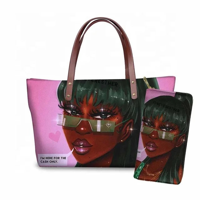 Custom Printed Women Bag Handbags African Girls Printing Purse and Handbags 2pcs Set Shoulder Tote Bag Females Summer Beach Bags