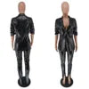 PU Leather Office Lady Women 2 Piece Set Notch Neck Blazer High Waist Pants Matching Set Autumn Work Wear Slim Tracksuits 10%