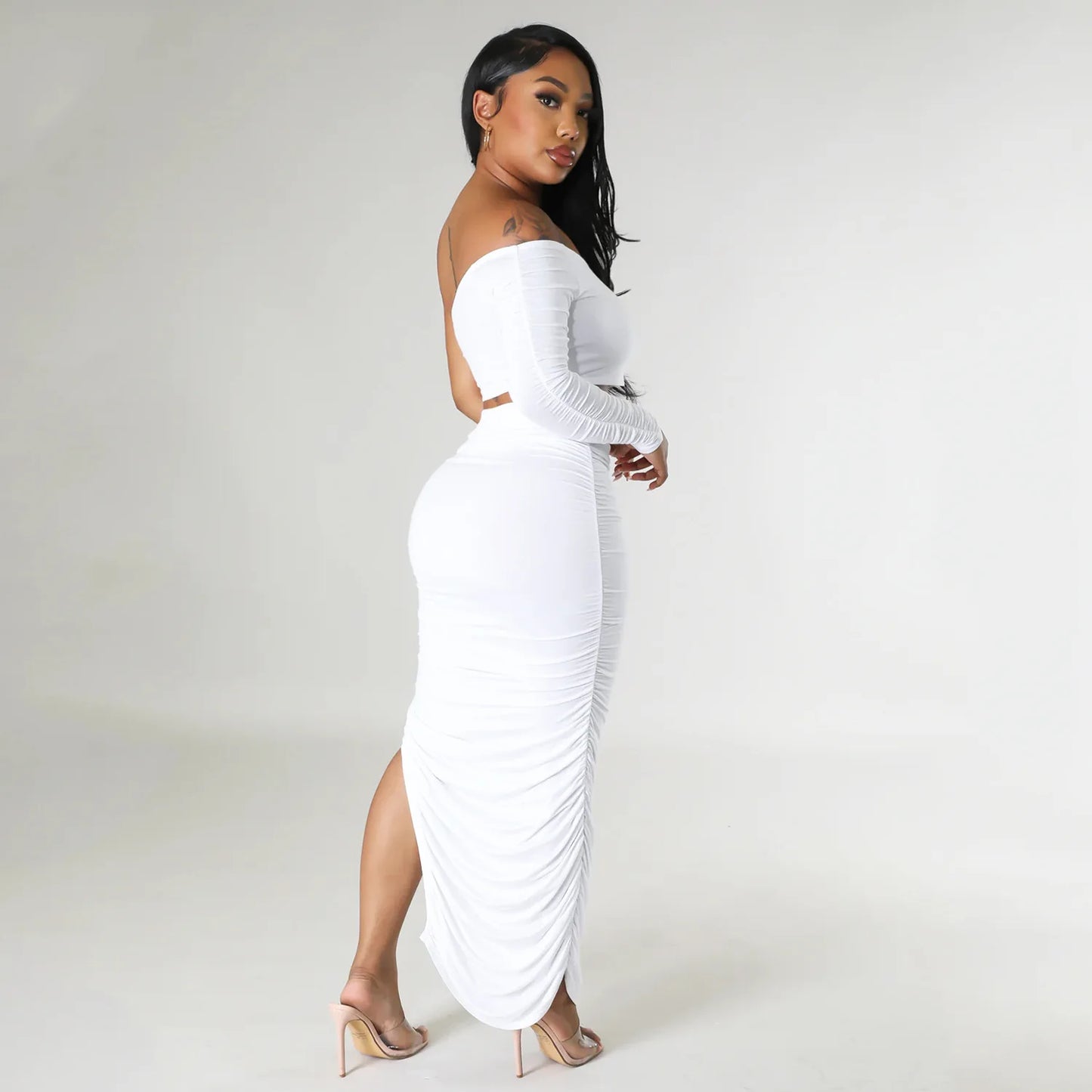 Liu Ming Summer New Arrivals Women Clothing One Shoulder Sleeve Tops Sexy Tight Pleated Irregular Skirt Set