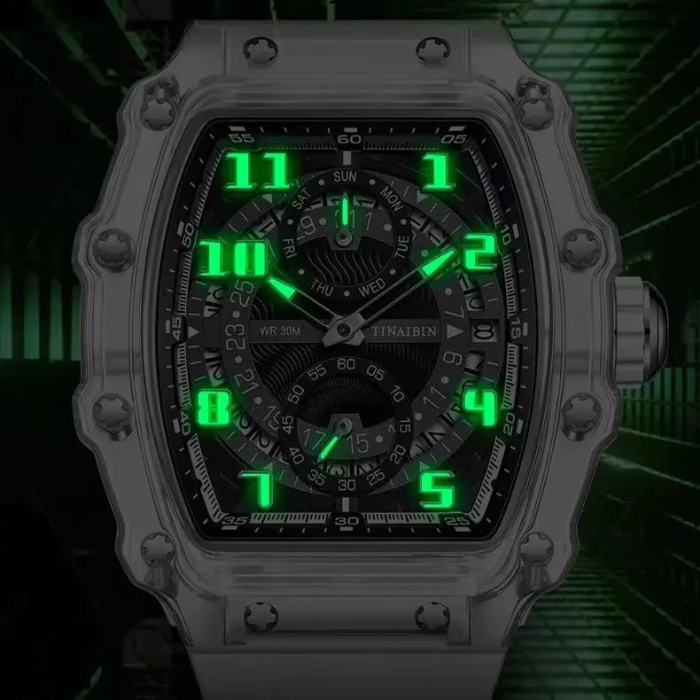 TINAIBIN Men's Watch 2024 New Design Transparent Tonneau Watch for Men Waterproof Luxury Sport Out Door Wristwatch Montre Homme