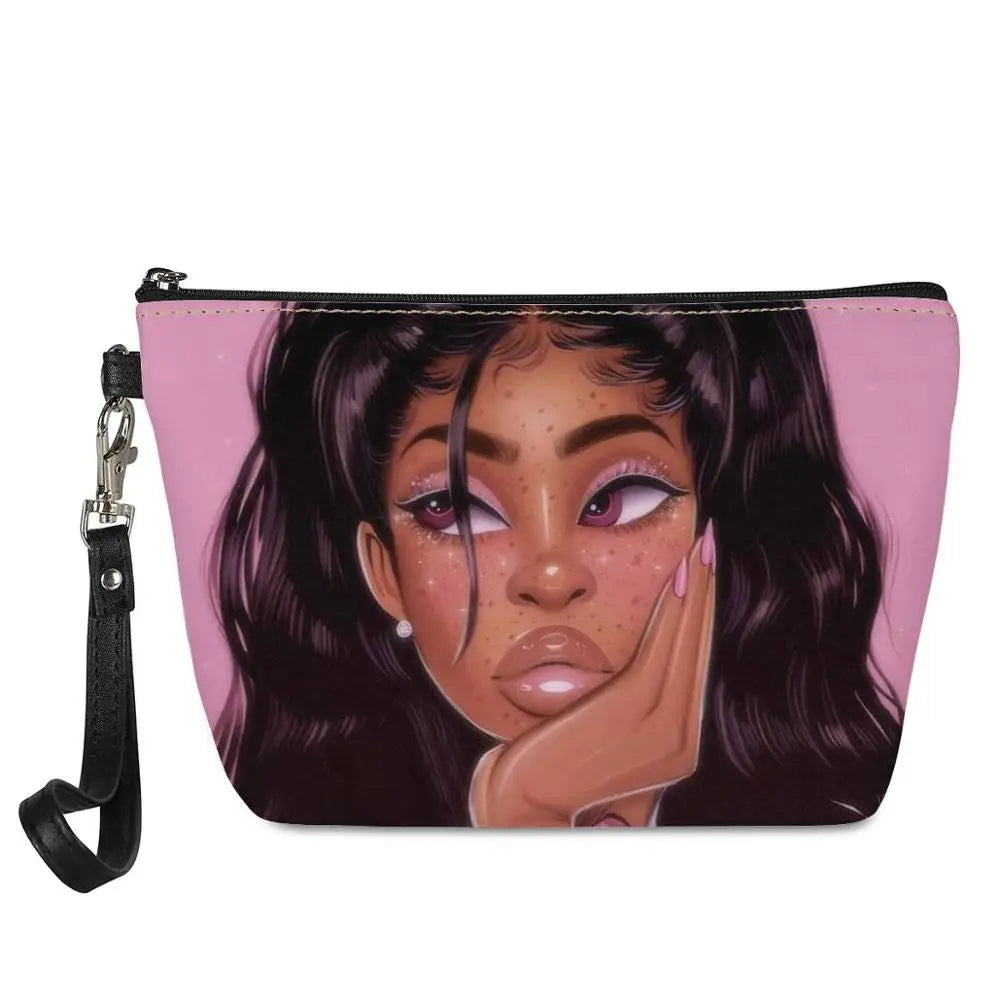 Hot Selling Art African Girl Theme Lightweight Travel Accessories Cosmetic Pouch Zipper Closure Makeup Bags Custom Cosmetic Bag
