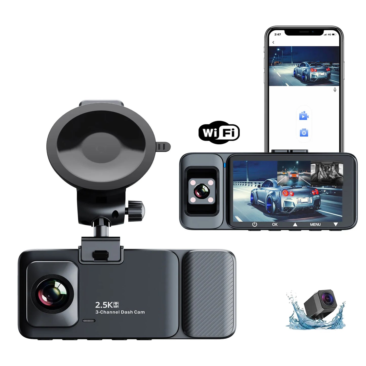 Supplier Mini Wifi 3 Channel Dash Camera 2.5K Wifi Front and Rear Inside 3 Lens Dashcam Wifi Car Dvr 3 Cameras Dash Cam