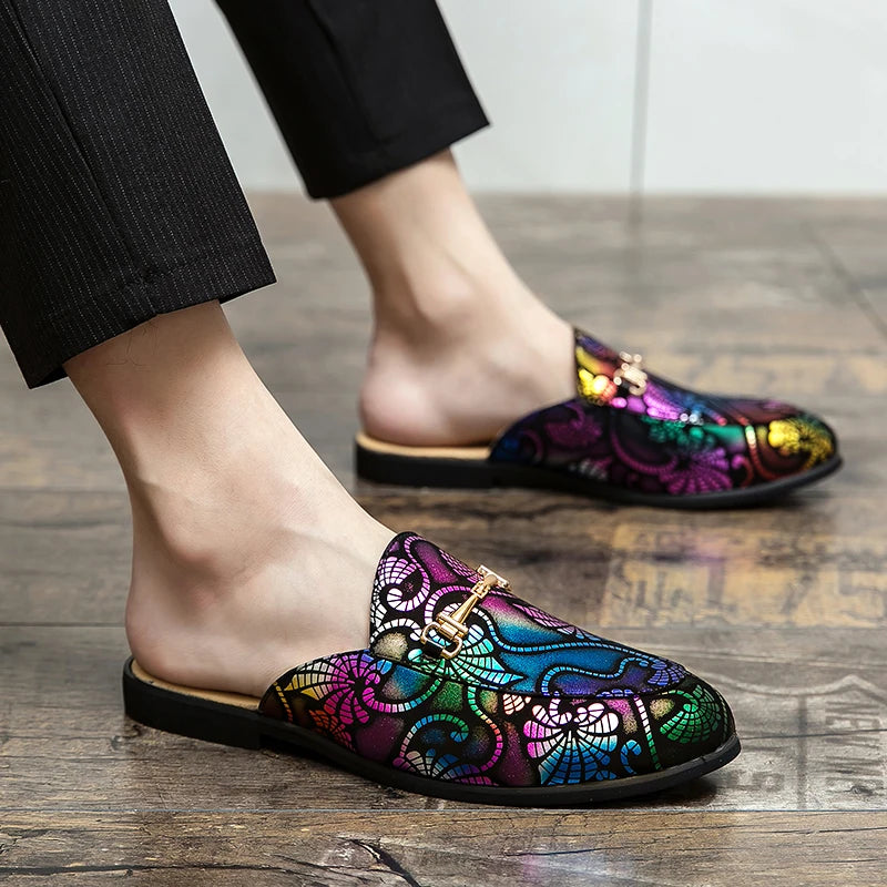 2026 Men Party Dress Shoes Loafer Genuine Leather Slippers Wear Wedding Fashion Trend Half Slippers Summer Men's Shoes