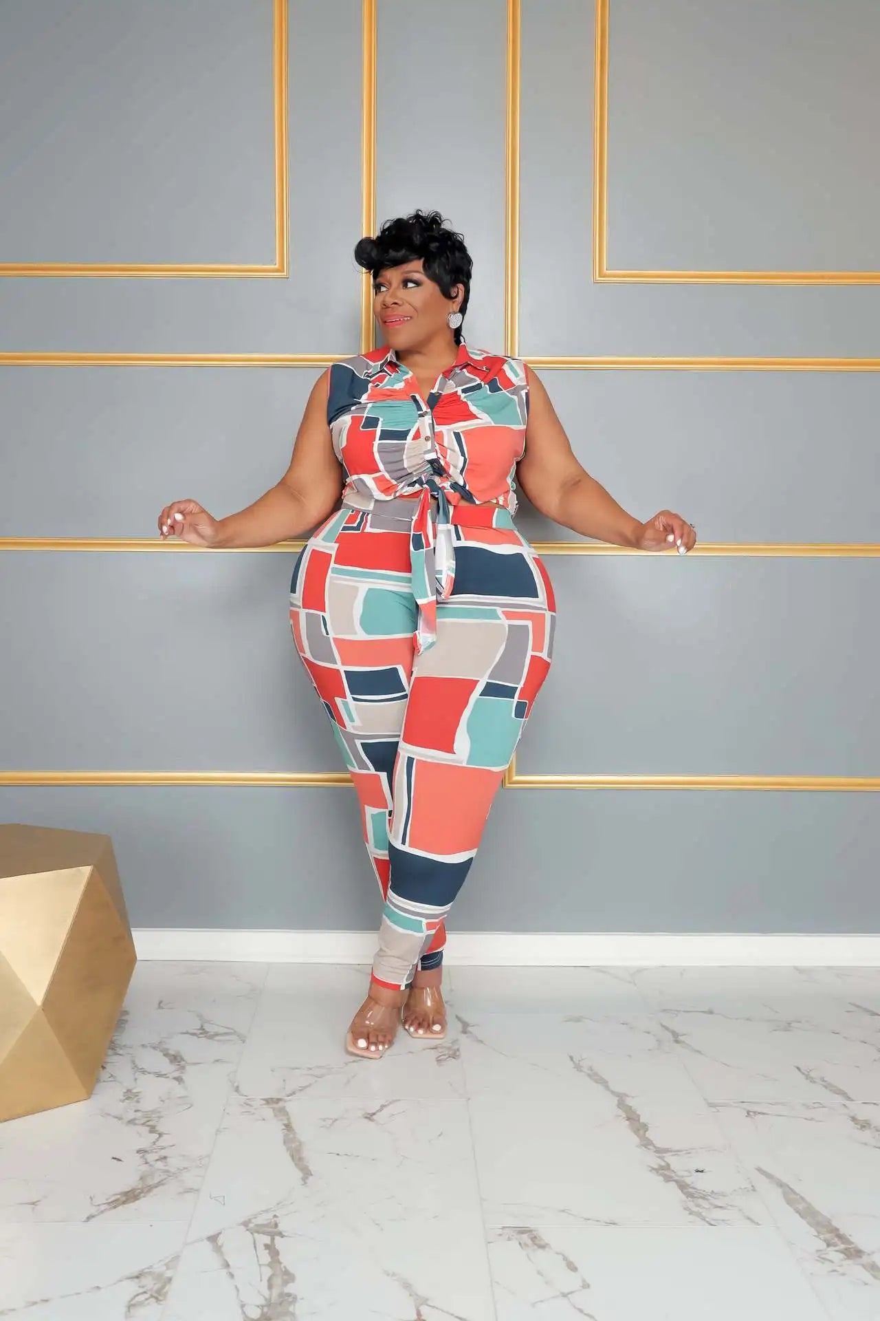 Bristter BH1006 Women Plus Size Summer Casual Floral Print Eco-Friendly Polyester V-neck Regular Fit Full-Length Two-Piece Set