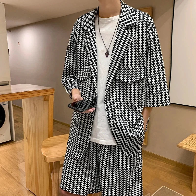Jacket+Shorts Korean New Style Men in the Summer Leisure Short Sleeve 2 Pieces Suits Male Design Slim Fit Fashion Blazers W117