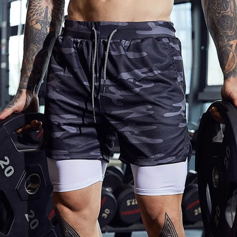 Men's 2-in-1 Camo Quick Dry Yoga and Running Shorts Compression Inner Layer Gym Fitness Jogging Pants