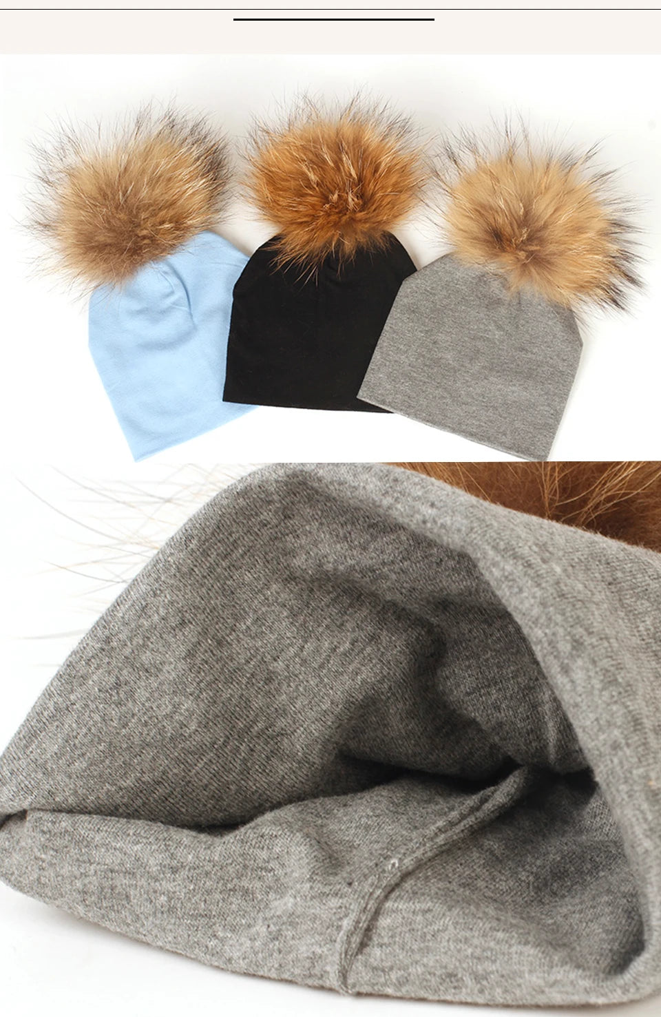 Geebro 0-3 Month Baby Boys Soft Cotton Real Fur pompom Beanies Hats For Newborn Girls Spring Autumn Kids Infants Toddler Hats