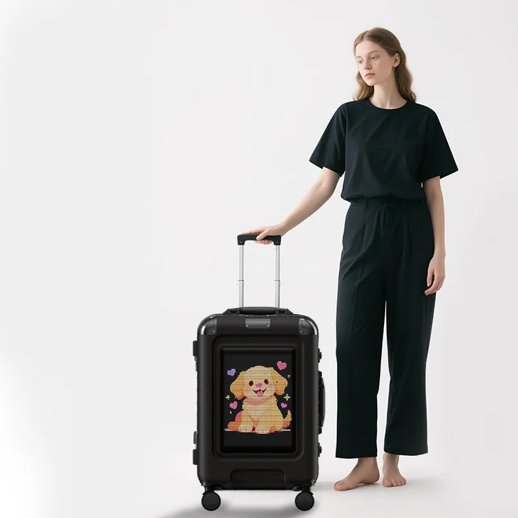 LOY L5-1 Smart Led Screen Light Display Aluminum Alloy Pull Bar Large Intelligent Black Trolley Suitcase Travel Bags Luggage
