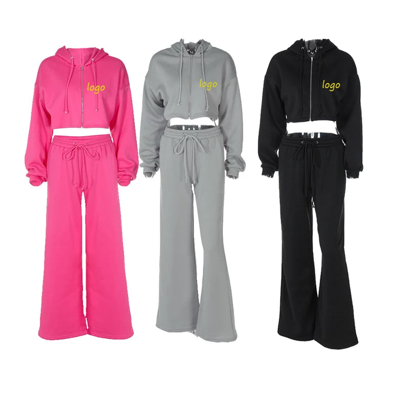 Women Casual Loose Sports 2 Piece Sweatpants Set Long Sleeves Zipper Hoodie and Wide Leg Pants Matching Set