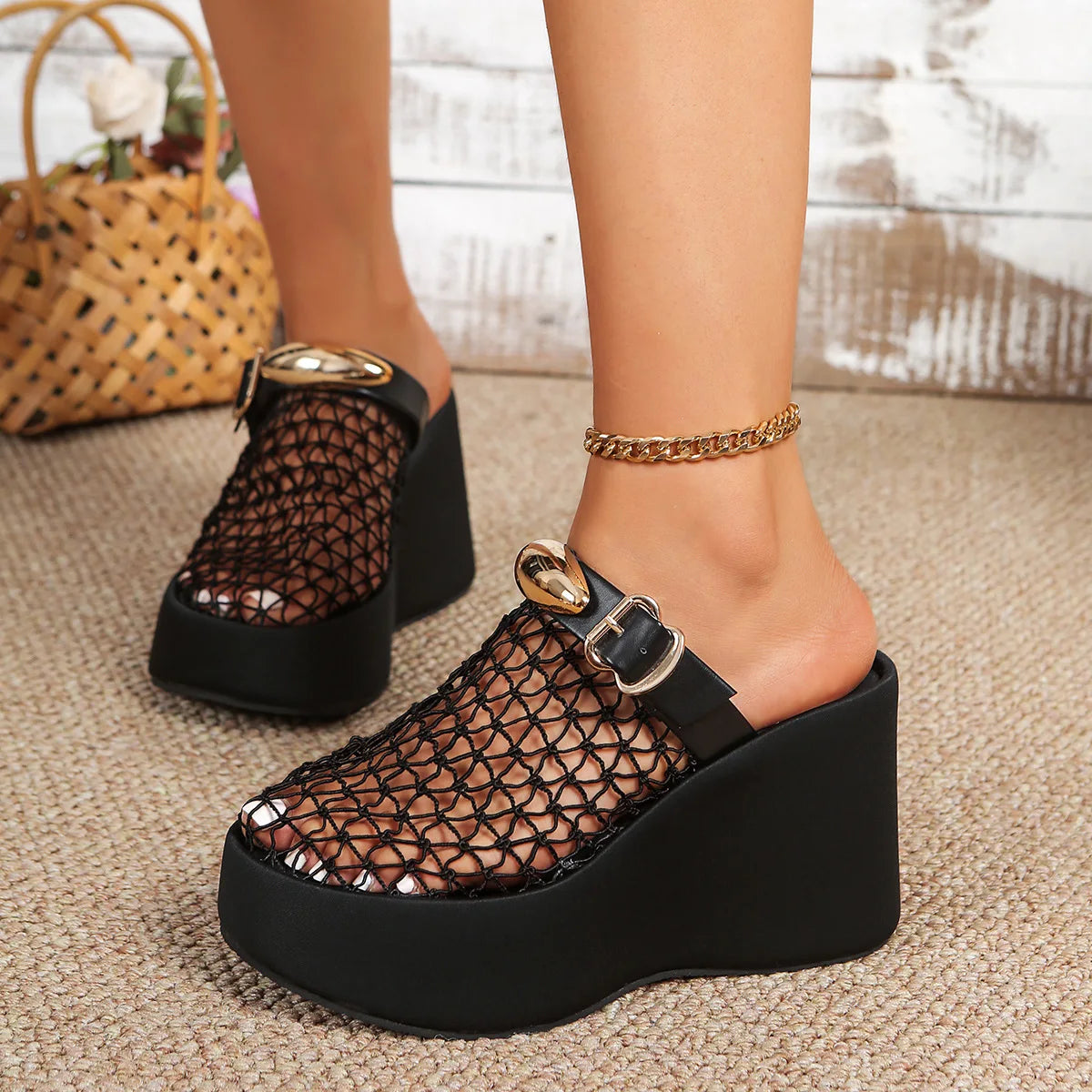 Foreign Trade Plus Size Mesh Hollowed Out New Style Thick Sole Sloping Heel with Metal Buckle Strap High Heels and Cool slippers