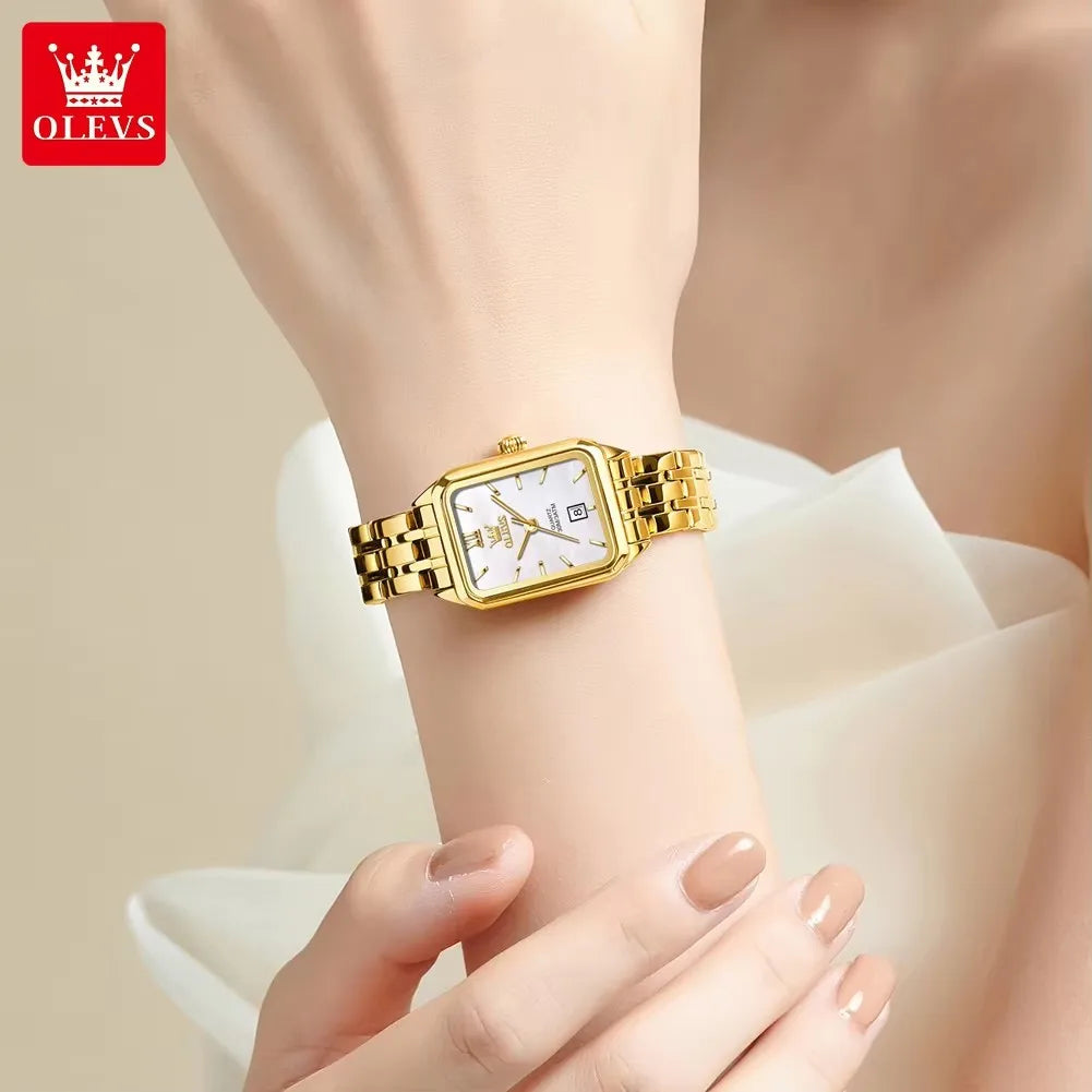 OLEVS 5616 New Waterproof Stainless Steel Ladies Quartz Watches Women Fashion Elegant Square Golden Watch Calendar Wristwatch
