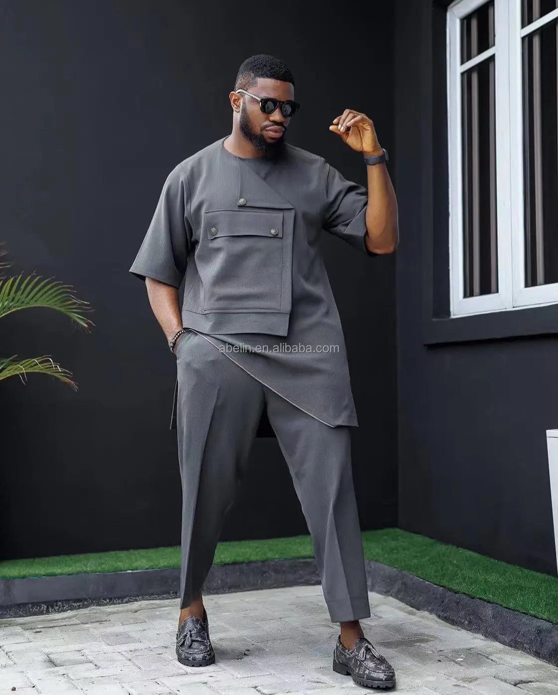 African Plus Size Men's Irregular Design Set Two Pieces Gray Fashion Loose Sets Street Style Men Loose High Quality Sets