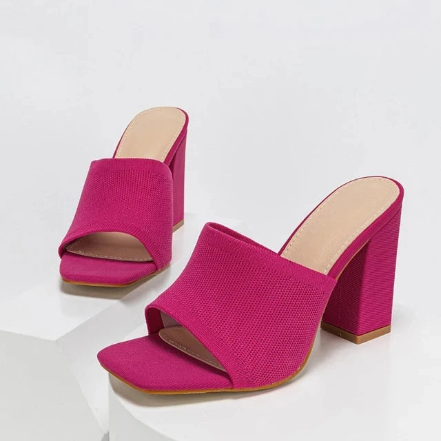 Plus 35-42 Stretch Fabric Women Slippers Fashion Square Toe Mule Slides Shoes 2024 Summer Female Sandals