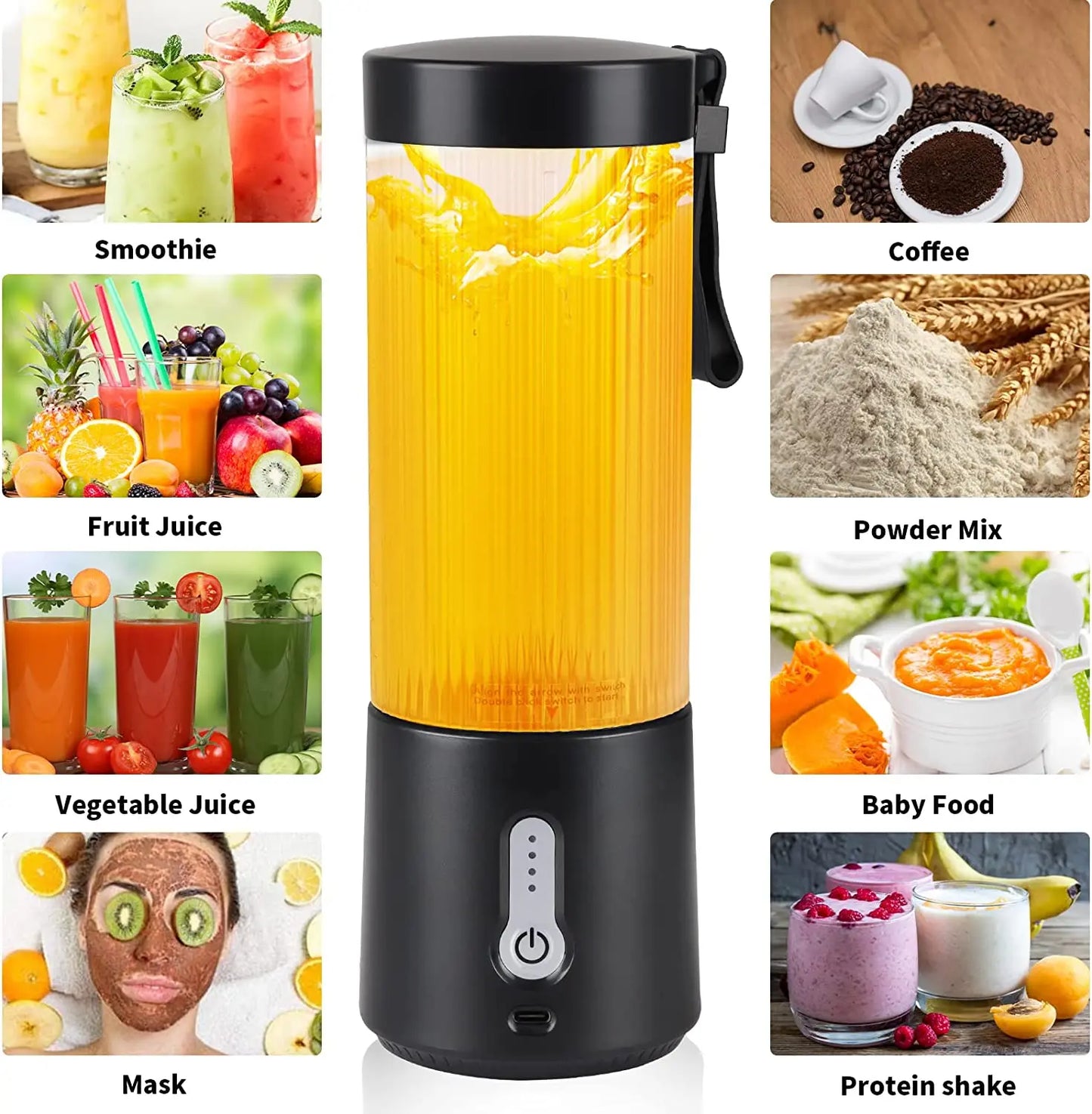 Mini Blender 450ml Stainless Steel BPA Free USB Recharging Electric Blender Camping Juice Blender