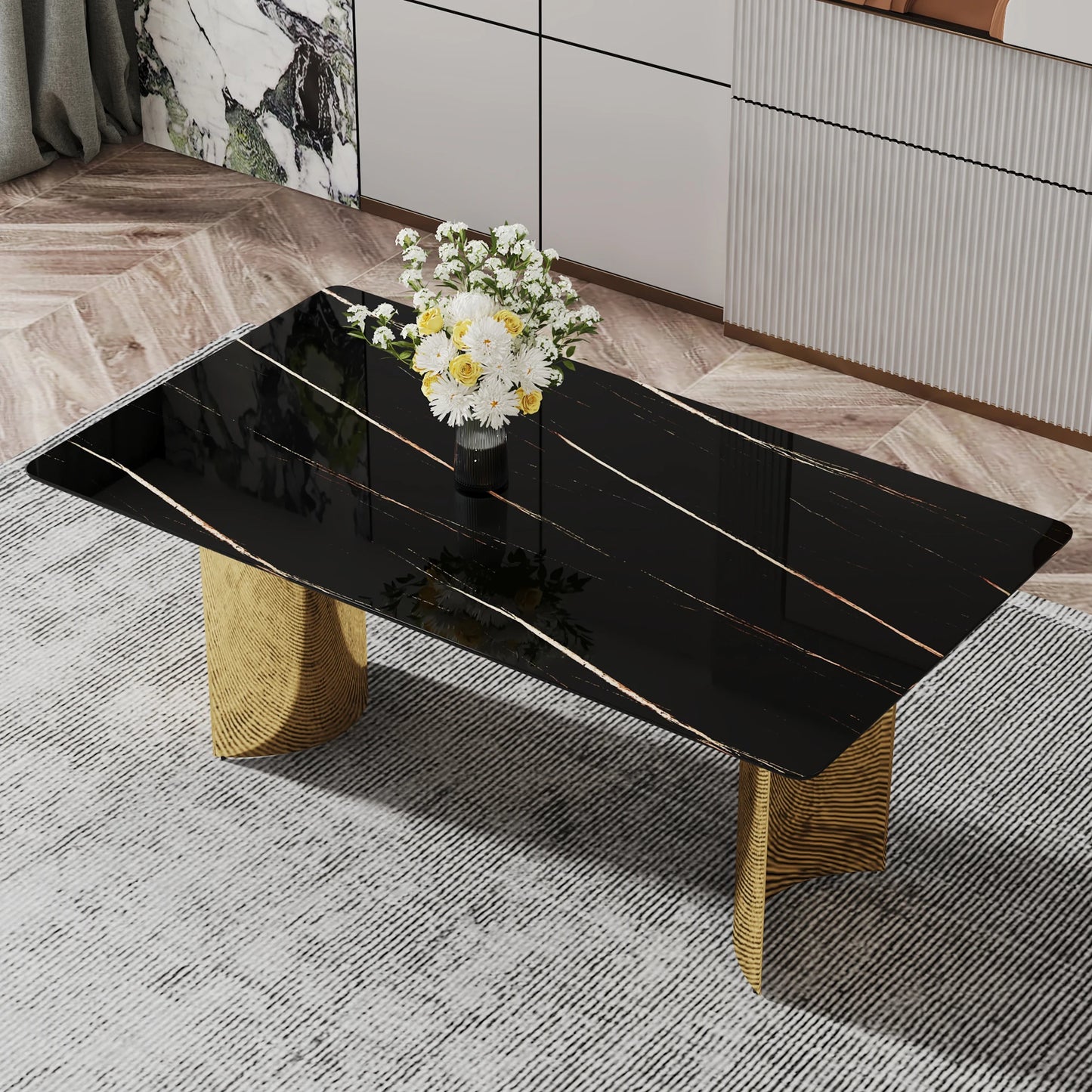 Modern Minimalist Square Dining Table with Black Patterned Glass Top Golden Metal Legs for Home Furniture Apartments Restaurants