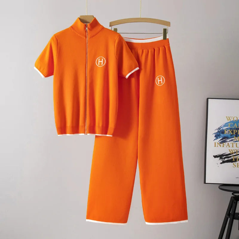 Luxury Anti-Wrinkle Embroidery Zipper Set Summer New Color Contrast Mandarin Collar Short-sleeved Knitted Women