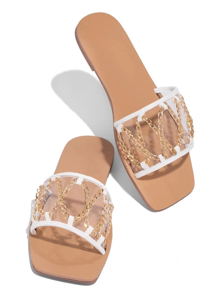 Women 2021 Summer Square Heel Metal Decoration Cross-tied Slides Ladies Flat Transparent Female Casual Outdoor Sandals Slippers