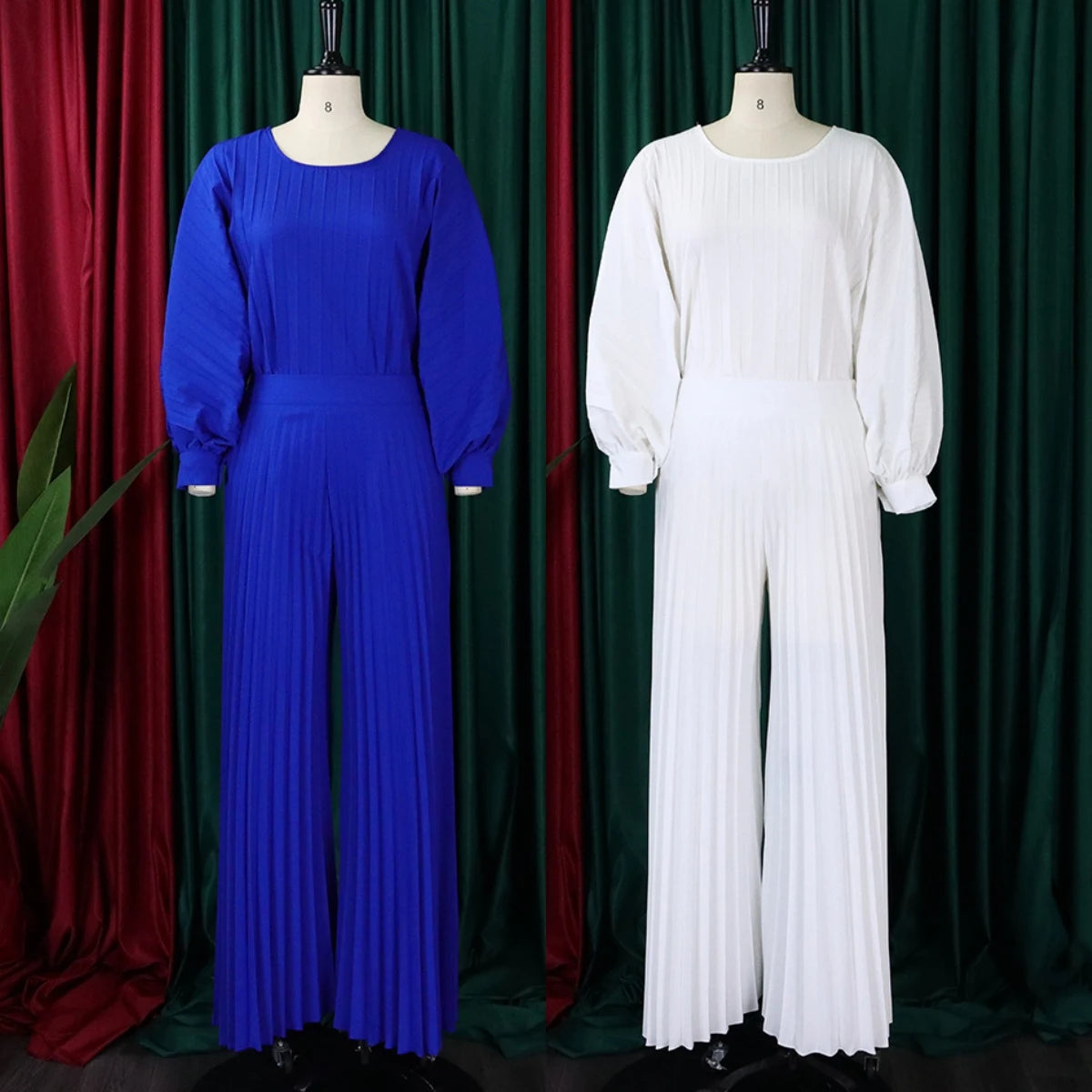 C8531 Summer Loose Fit Casual Long Sleeve Shirt Top Matching Wide Leg Pants Two Piece Pants Set for African Elegant Women Wear