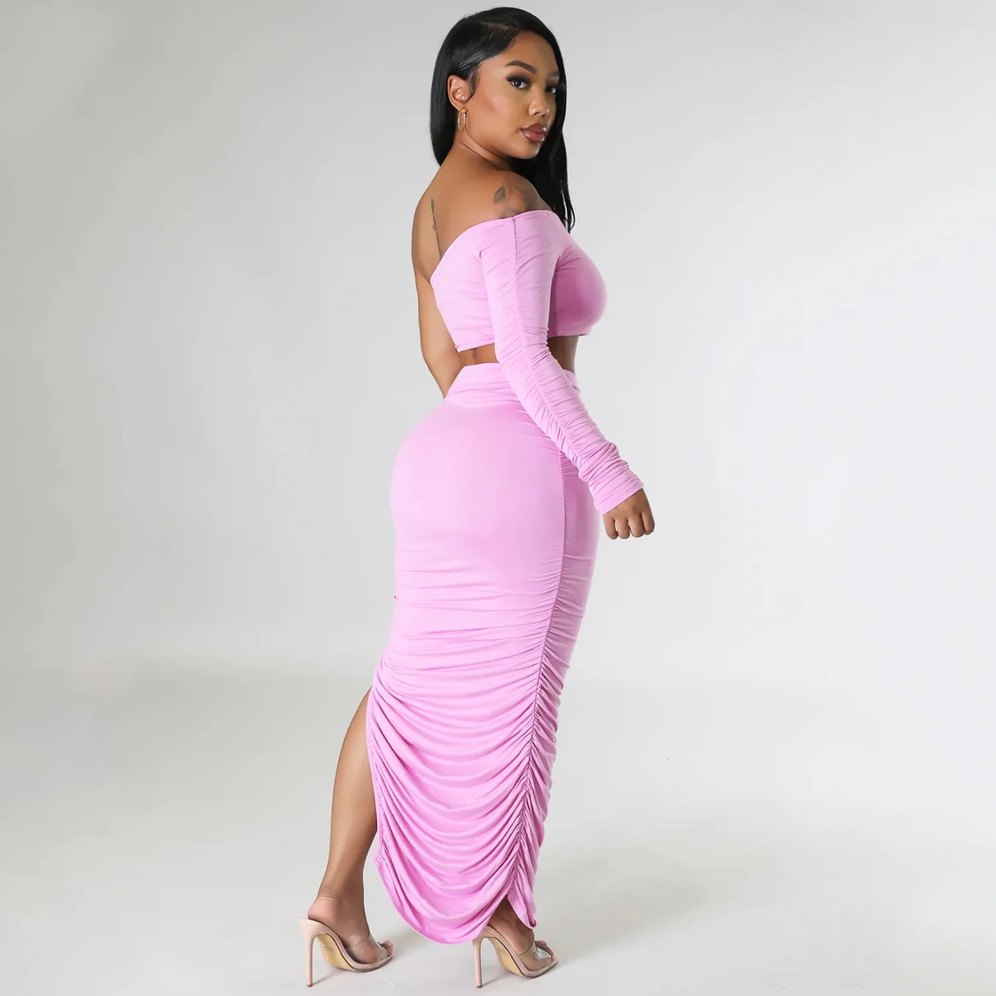 Liu Ming Summer New Arrivals Women Clothing One Shoulder Sleeve Tops Sexy Tight Pleated Irregular Skirt Set