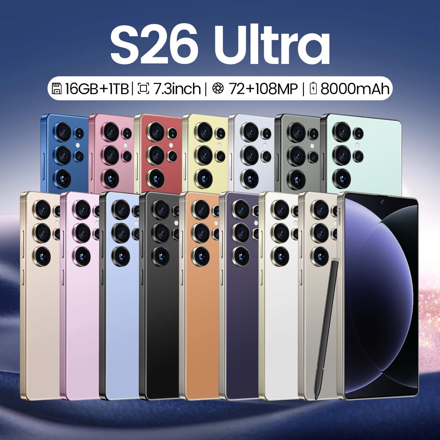 Brand New Unlocked 5G S26 Ultra 5G Smartphone 16GB+1TB 7.3 Inch HD 72+108MP Beauty Camera Android 14 Dual Card CDMA Gaming Phone