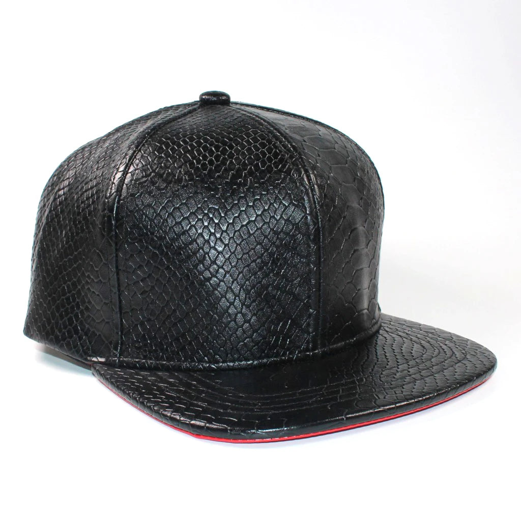 Wholesale Black Snakeskin PU Leather Common Fabric 6-Panel Fashion Cap-Logo Embroidered Adjustable Strapback Hat for Unisex