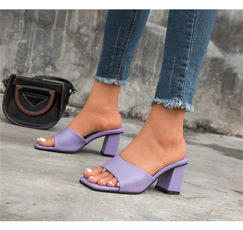 Eilyken Purple Slipper Summer Outdoor Sandal Women Square High Heel Beach Slip On Flip Flop Slides Size 41 42