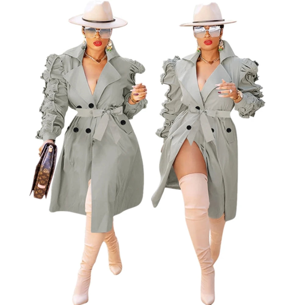 ANSZKTN Spring Fall Stacked Sleeve Midi Women'S Trench Coats Long for Ladies Women