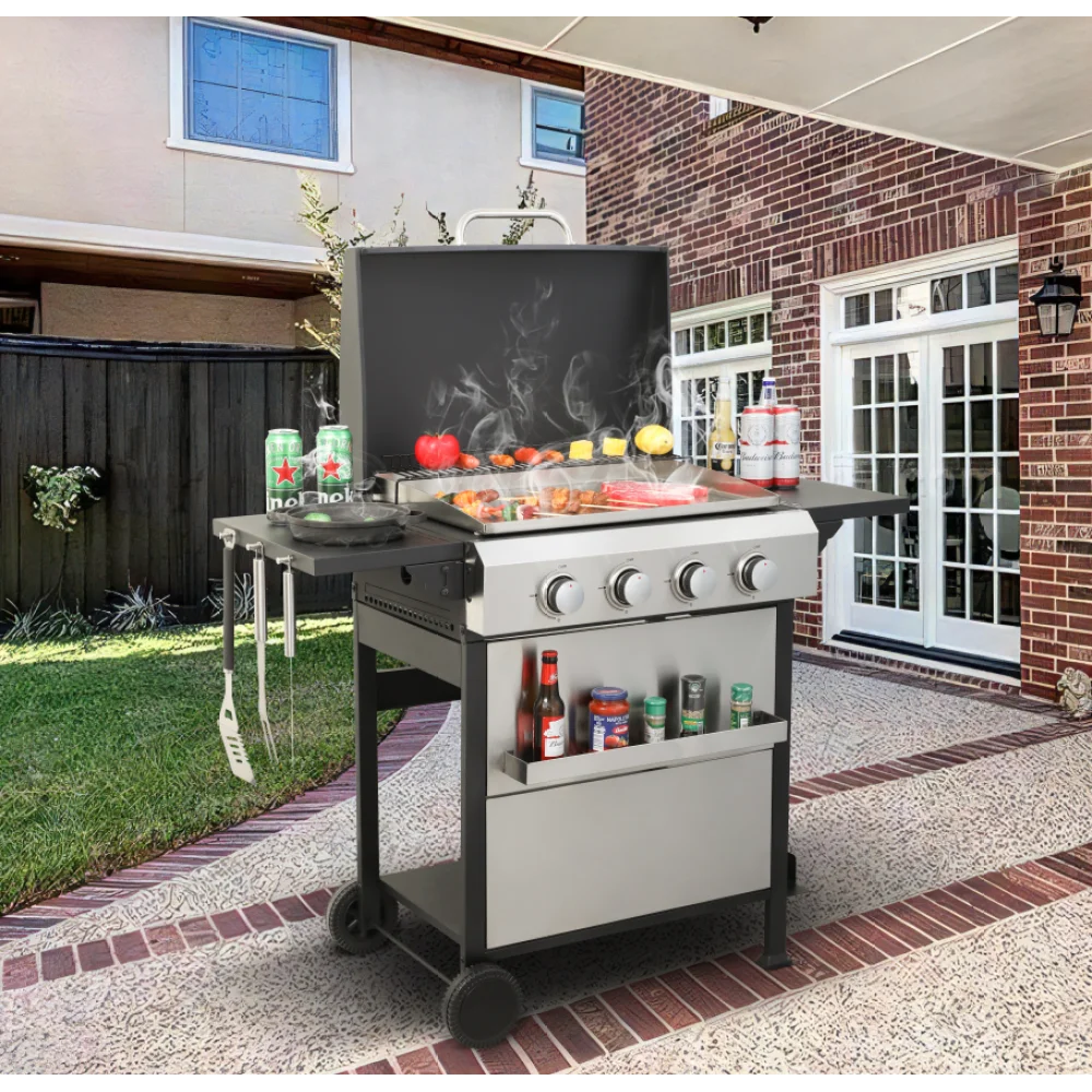 4-Burner Propane Gas BBQ Grill, SS Plancha, 49200BTU Output With Wire Enamel Cooking Grids For Outdoor Barbecue