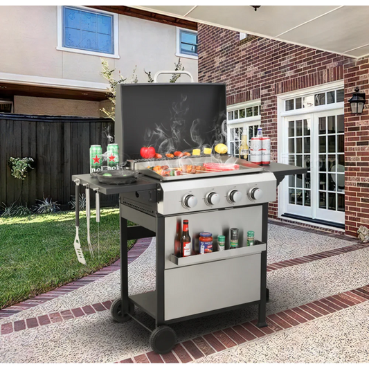 4-Burner Propane Gas BBQ Grill, SS Plancha, 49200BTU Output With Wire Enamel Cooking Grids For Outdoor Barbecue