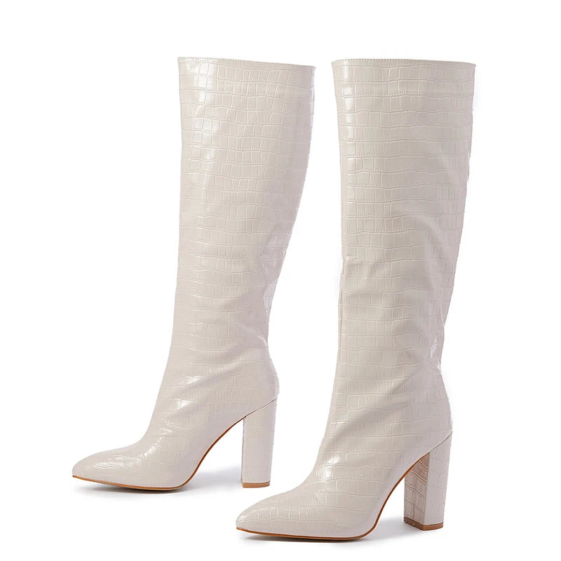 Pattern Long Boots for Women 2024 the Same Pointed Thick Heel Over Knee Boots, a New One Foot Boots in Winter 2025
