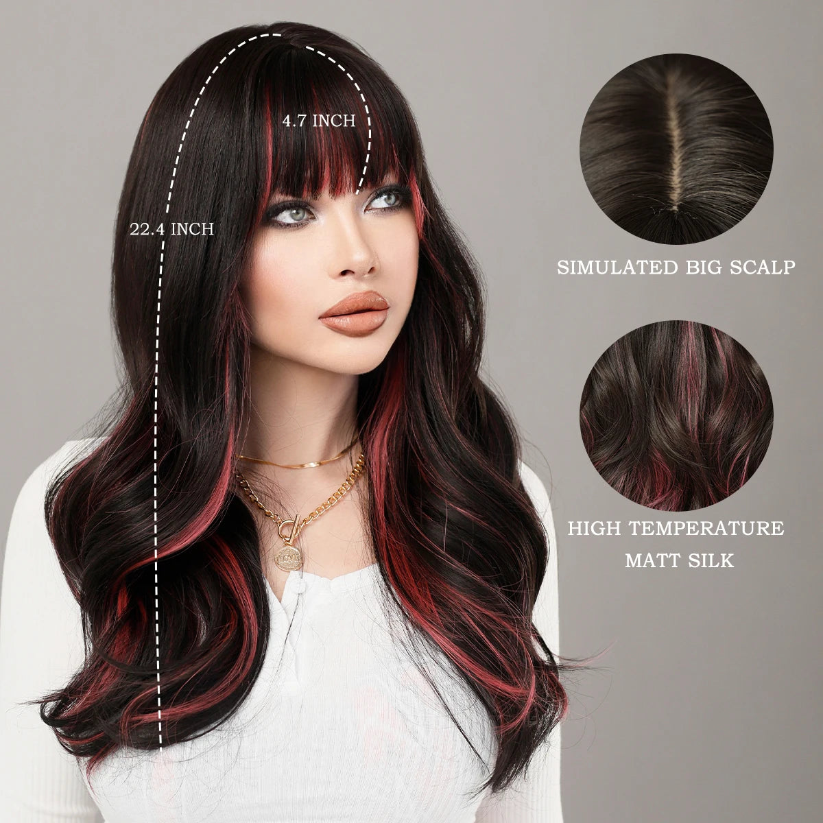 Skunk Stripe Body Wave Long Wavy Synthetic Hair Wig for Women Highlight Synthetic Wig with Bangs Natural Looking Realistic Wig