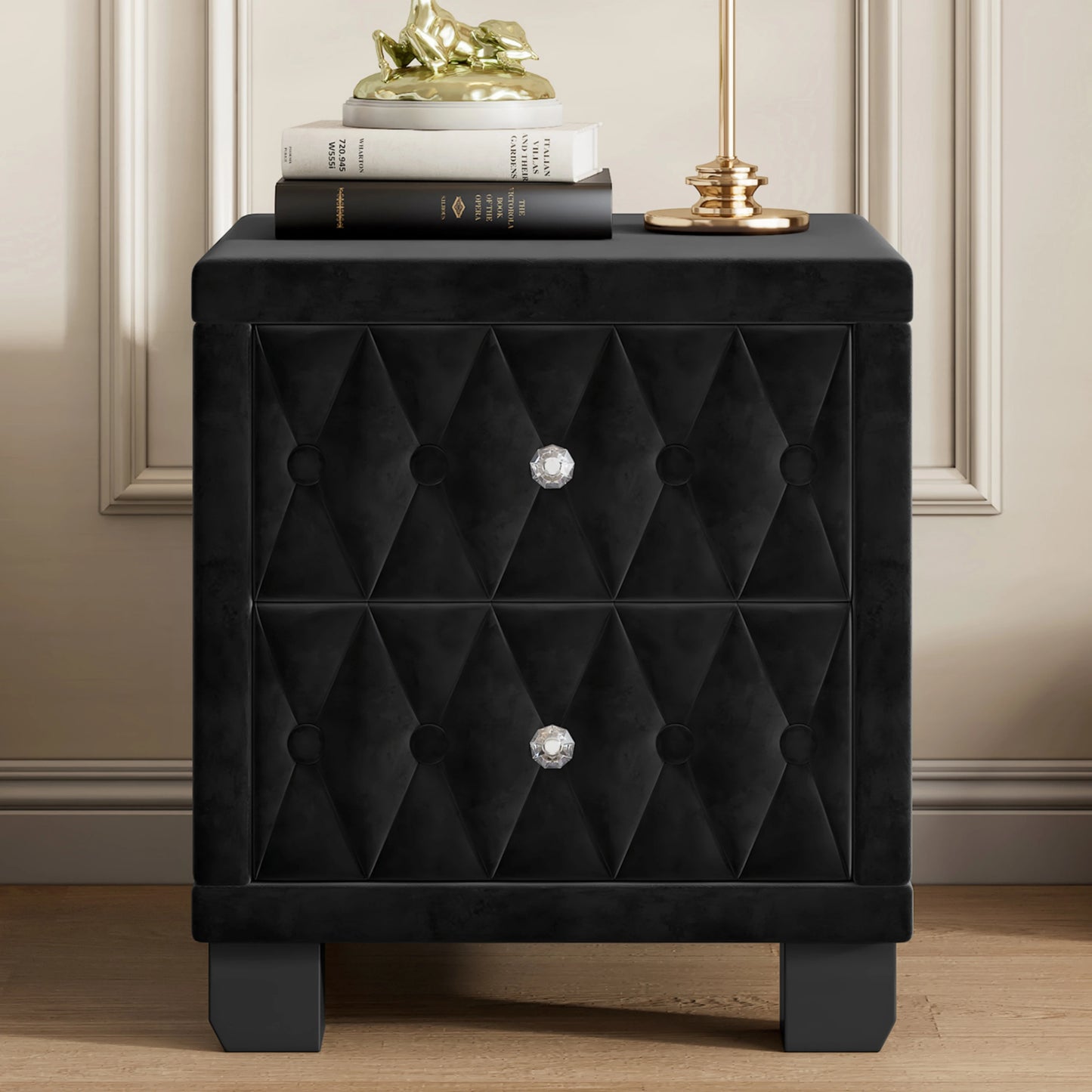 Elegant Luxury Modern Velvet Bedroom Nightstand 2 Drawers Crystal Handle Button-Tufted Pink Panel Design Durable Home Furniture