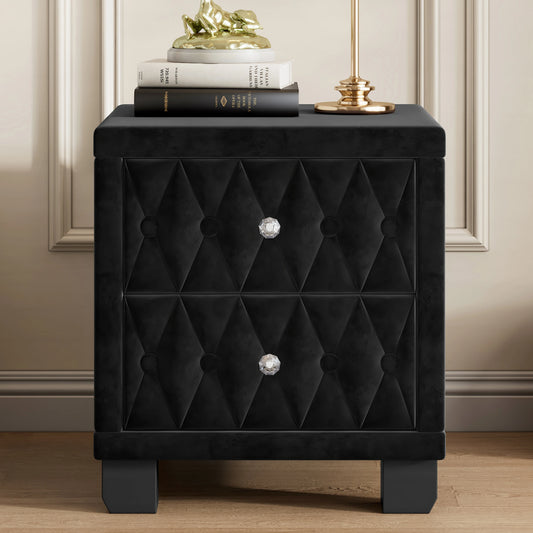Elegant Luxury Modern Velvet Bedroom Nightstand 2 Drawers Crystal Handle Button-Tufted Pink Panel Design Durable Home Furniture