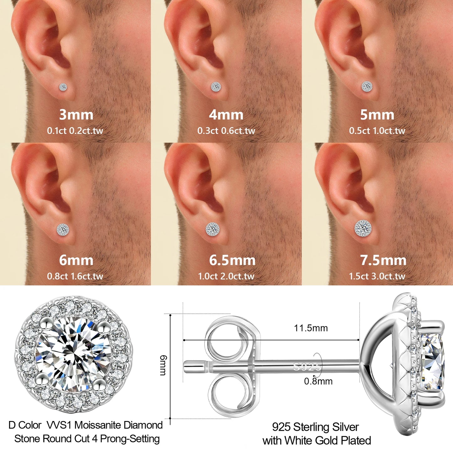 USA VVS Moissanite Earring Pass Diamond Tester 14K Gold Plated 925 Sterling Silver Christmas Gift Women GRA Lab Diamond Stud Men