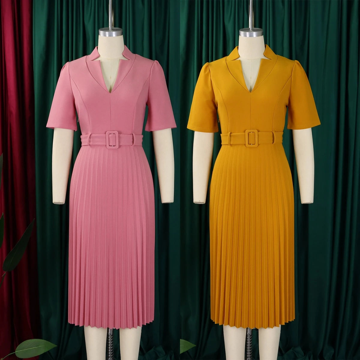 D563 Latest Design Summer Dresses Women Casual Short Sleeve V-neck Pleated Office Lady Dress Elegant African Dresses