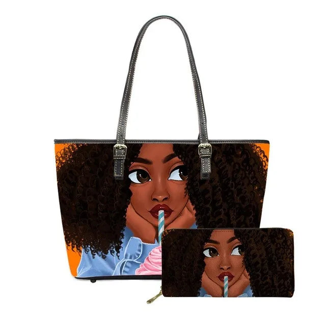 Women's Luxury Cute Afro African Girls Printed PU Leather Water Resistant Zipper Closure Tote Bag Custom Big Fancy Handbag Set