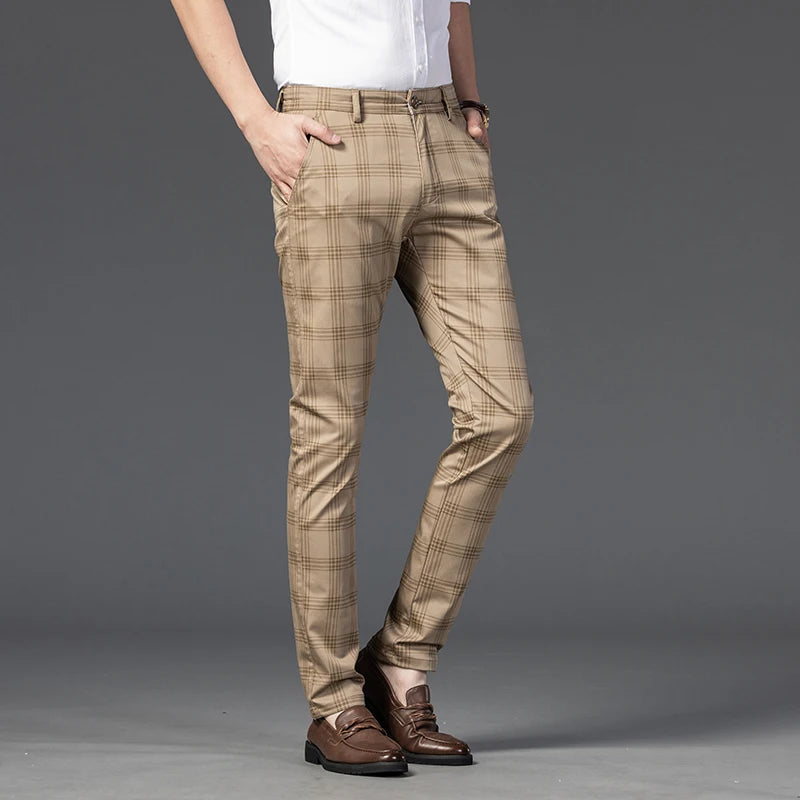 2025 Spring New Men's Plaid Casual Pants Business Fashion Slim Stretch Male Skinny Trousers Brand Clothes 7 Color