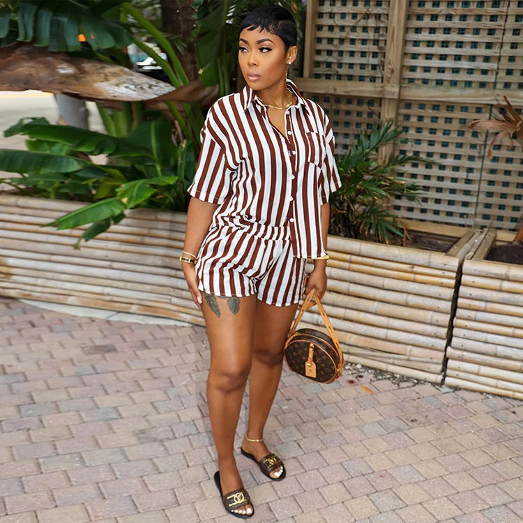 Women's Summer Two-Piece Set Above Knee Crop Top & Booty Shorts Hawaiian Lace Vacation Outfits Striped Print Washed Technique