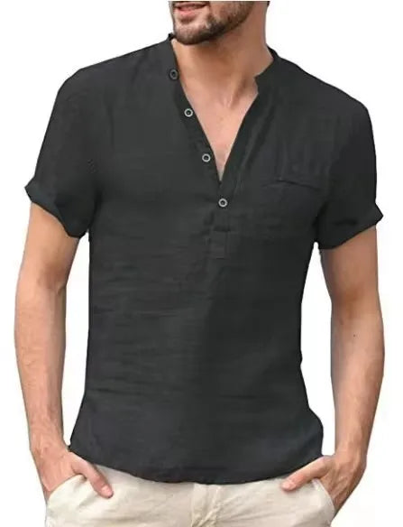 S-5XL High Quality New Men'S Linen V Neck Bandage T Shirts Male Solid Color Shorts Sleeves Casual Cotton Linen Tshirt Tops