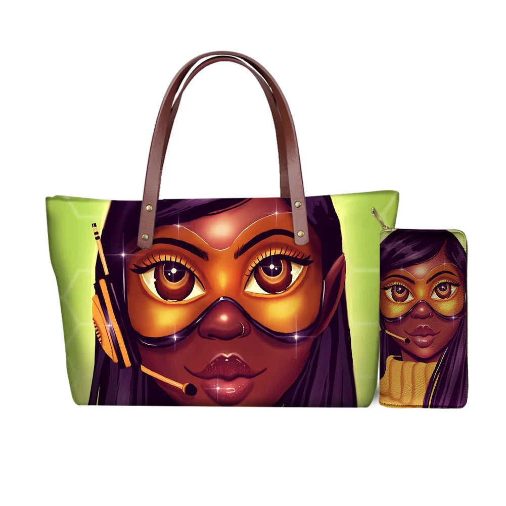 High Quality Latest Custom Pattern Women Hand Bags Black Art African Girls Printed Top Handle Tote Bag Luxury Purse for Ladies