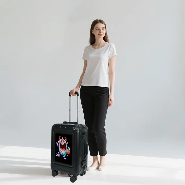 LOY L5-1 Smart Led Screen Light Display Aluminum Alloy Pull Bar Large Intelligent Black Trolley Suitcase Travel Bags Luggage
