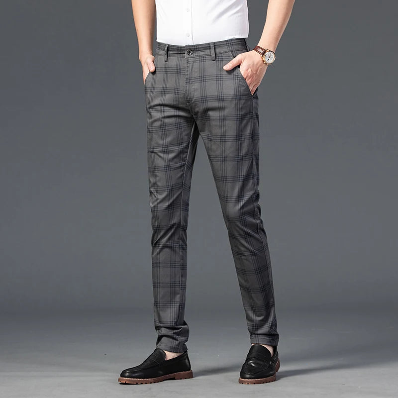2025 Spring New Men's Plaid Casual Pants Business Fashion Slim Stretch Male Skinny Trousers Brand Clothes 7 Color