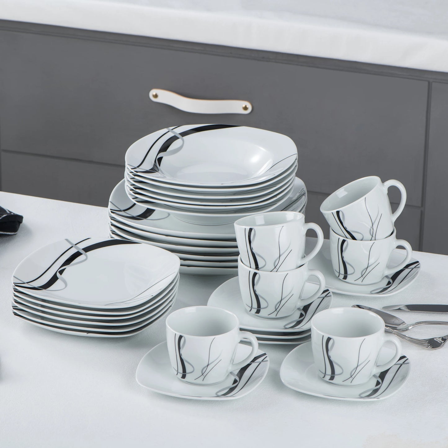 VEWEET FIONA 30/60 Piece Black Lines Porcelain Ceramic Tableware Set with Dessert Plates/Soup Plates/Dinner Plates/Cups/Saucers
