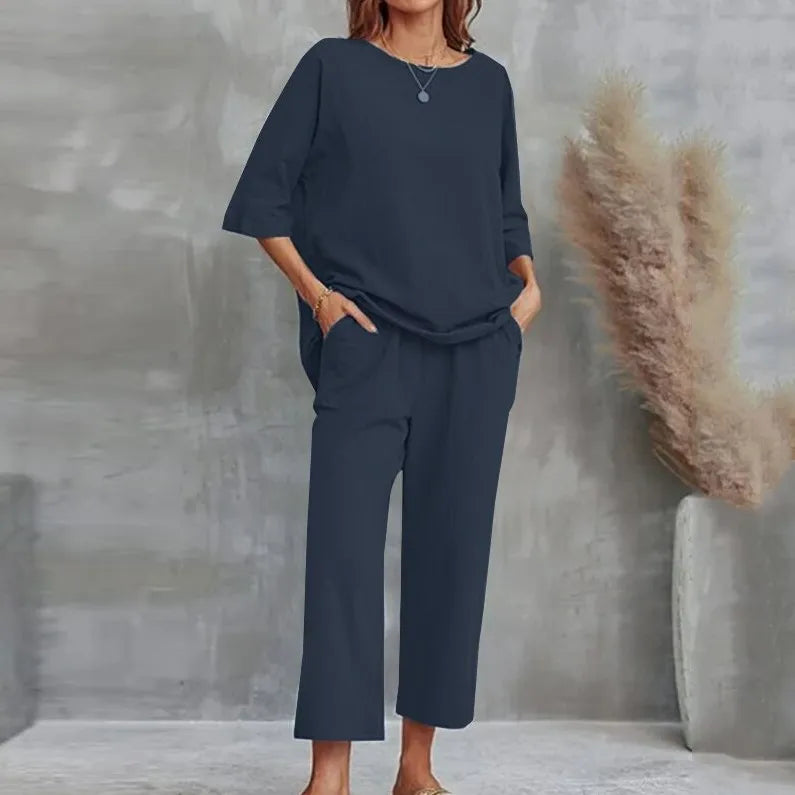 S-4XL Summer Plus Size Women Cotton Loose Elegant Short Sleeve Trousers Two-piece Set Solid Color Breathable Women Casual Suits