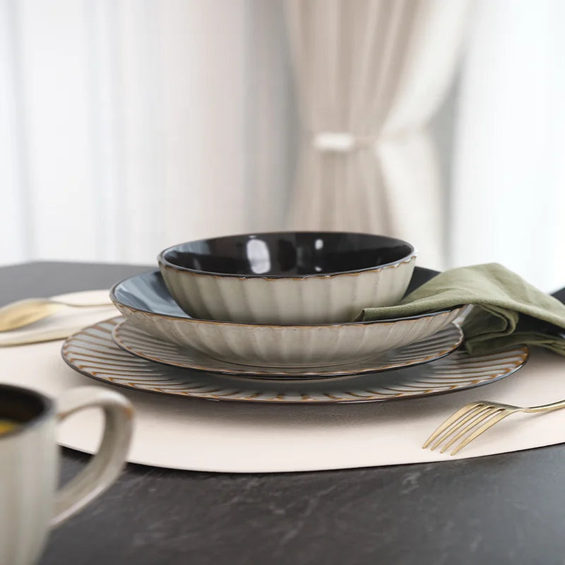September Promotion Golden Beige Stone Tools Embossed Tableware Sets High End Premium Ceramic Sets and Safety Tableware Sets