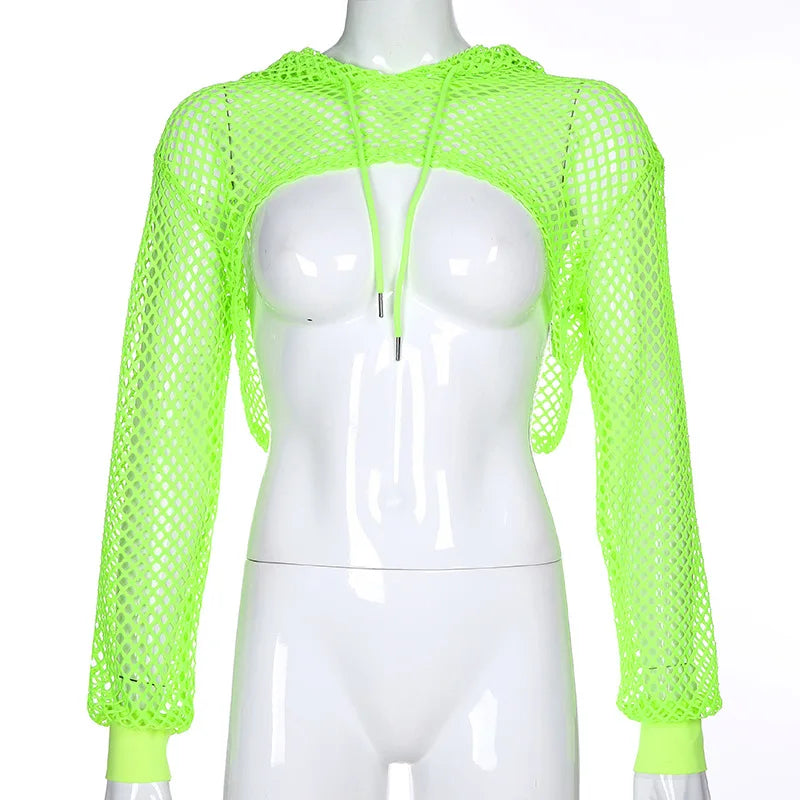 2022 New Spring  Streetwear Neon Green Mesh Fishnet Top Women Tshirt Perspective Long Sleeve Women's T-shirts Sexy Cropped Shirt