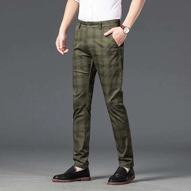 2025 Spring New Men's Plaid Casual Pants Business Fashion Slim Stretch Male Skinny Trousers Brand Clothes 7 Color