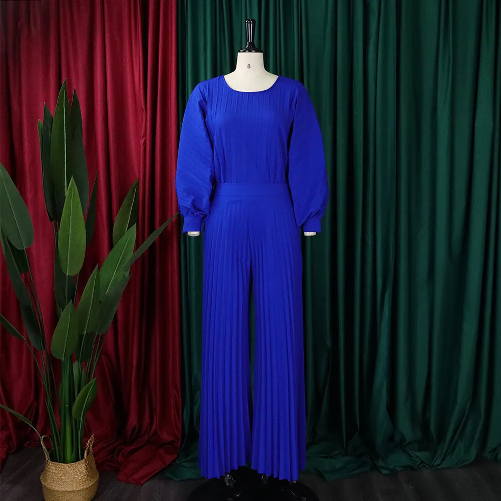 C8531 Summer Loose Fit Casual Long Sleeve Shirt Top Matching Wide Leg Pants Two Piece Pants Set for African Elegant Women Wear
